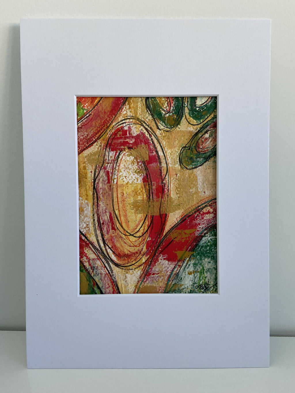 Affiche d’art abstrait sur fond blanc, motif ovale rouge et accents verts