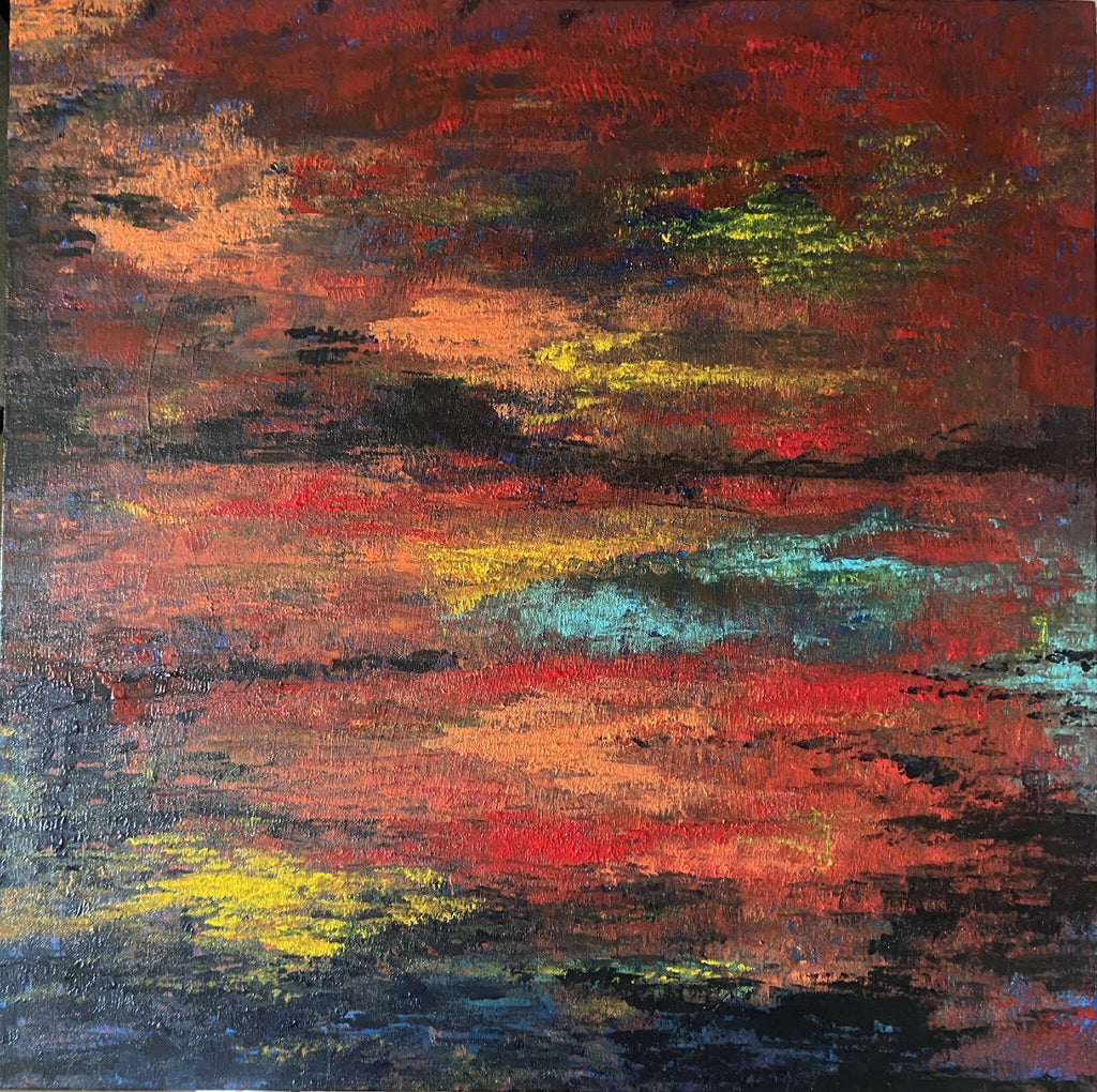 Tableau paysage abstrait rouge-orangé, jaune et touches bleues, texture peinte.