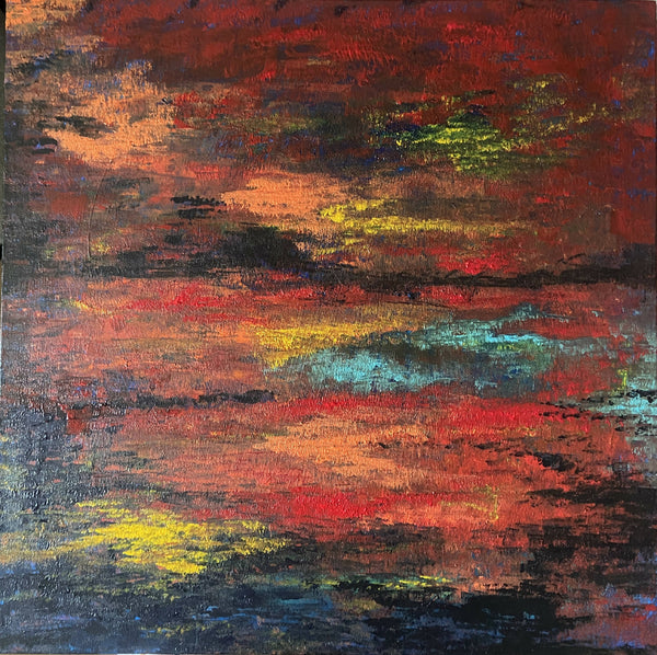 Tableau paysage abstrait rouge-orangé, jaune et touches bleues, texture peinte.